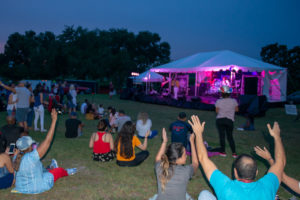 Crowd sitting on lawn listening to music
