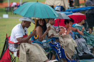 Festival goers listening to music under umbrellas in the rain